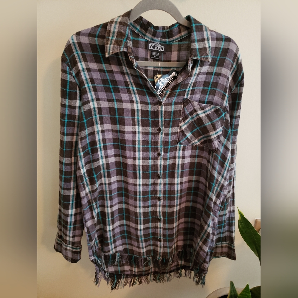 Angie Frayed Hem Flannel Button Down Long Sleeve Multi Colored Shirt Women's Med